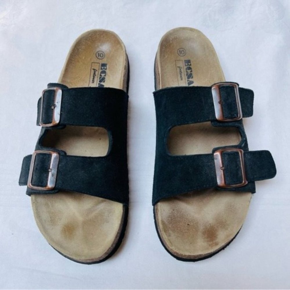 BCSA Footwear Sandals Womens 10 Black Slip On Strappy Summer Festival Comfy